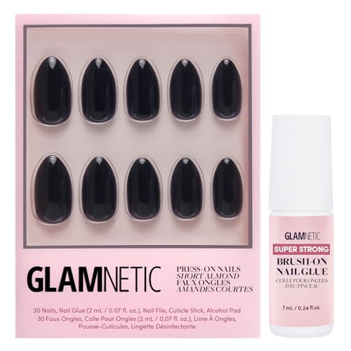 Glamnetic Press On Nails & Brush On Nail Glue Bundle - Boba | Opaque Black Short Almond Nails, Reusable | 12 Sizes - 24 Nail Kit