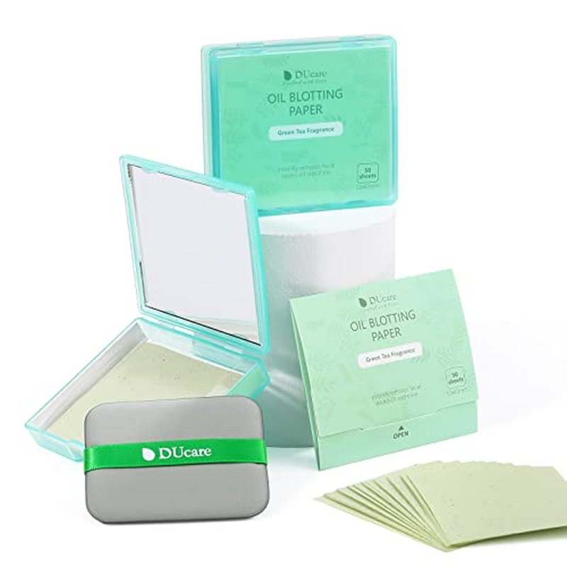 DUcare Oil Blotting Sheets for Face 100 Counts Green Tea Blotting Paper For Oily Skin with Portable Mirror Case & Makeup Puff, Oil Absorbing Sheets For Face