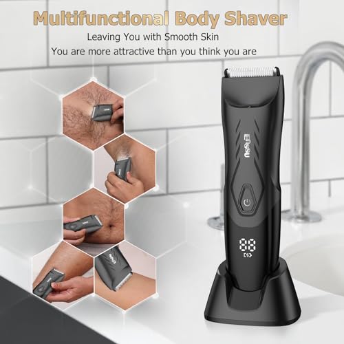 Manscape Body Hair Trimmer for Men, Pubic Groin Hair Trimmer for Men with Safe Blade, Cordless Ball Shaver w/Light, Charging Dock, Waterproof Body Groomer, LED Display, 1H Charge,Black