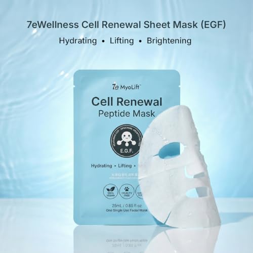 MYOLIFT Cell Renewal Peptide Mask(EGF)? 100%Vegan, Bio-Cellulose FaceMask for CellRenewal, Skin Firming, Hydrating & Brightening-with Niacinamide, Hyaluronic Acid& EGF|Korean Skincare Sheet Mask?Pack5