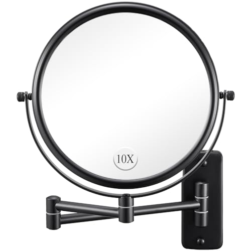 Wall Mounted Makeup Mirror - 1X/10X Magnifying Mirror for Wall, 8 Inch Double Sided 360¡Æ Swivel Extendable Bathroom Mirror for Shaving, Black