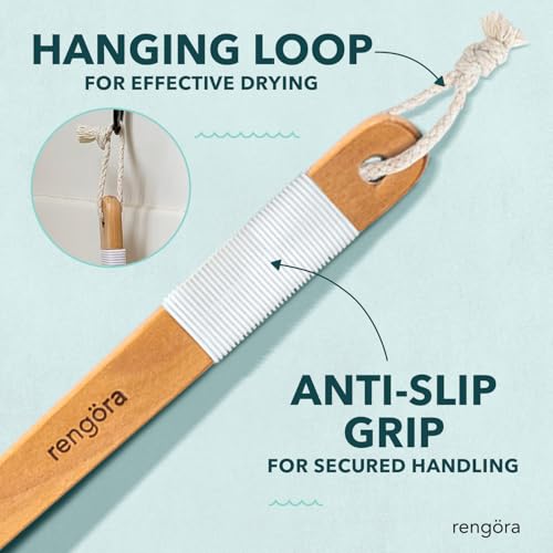 Back Scrubber for Shower - 20" Long Handle Shower Brush - Natural Bristle Back Brush ? Ergonomic Handle + Silicone Anti-Slip Grip - Great Gift Idea - Men, Women + Seniors Love This (Firm Bristles)