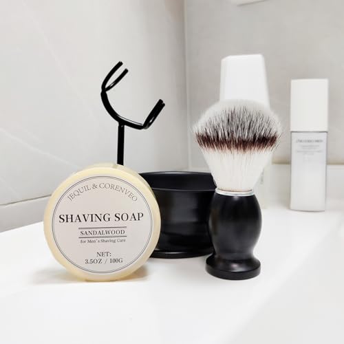 JEQUIL&CORENVEO Shaving Brush Set for Men, 4pcs Synthetic Shaving Brush with Shaving Soap, Stand and Shaving Bowl