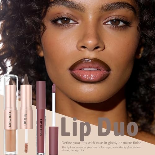 Lip Liner and Gloss Set, 2 in 1 Lip Duo Brown Lip Liner Pencil Nude Liquid Lipstick with Nourishing Lip Gloss Smooth Plumping Lip Kit High Shine High Pigmented Lip Combo Makeup for Women