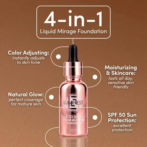 LUMINESS Liquid Mirage w/SPF 50 Color Adjusting Foundation Kit - Color Changing Foundation, SPF 50 Primer & Makeup Brush, Face Makeup for Mature Skin, 4in1 Liquid Foundation, Concealer & Moisturizer