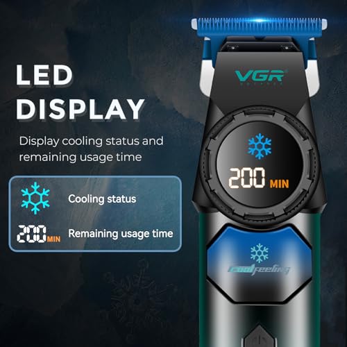 VGR 946 Hair Trimmer for Men, Professional Beard Trimmer for Men with Blue Ceramic Blade & Cooling Button, 8000RPM BLDC Motor Barber Clippers, Cordless Mens Hair Clippers with LED Display