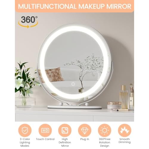 GAOMON Vanity Mirror, 19 Inch Large HD Vanity Mirror with Lights, Smart Touch Control, 3 Color Lighting Modes & 360¡ÆRotation, for Bedroom Makeup Table, Easy to Install (White)