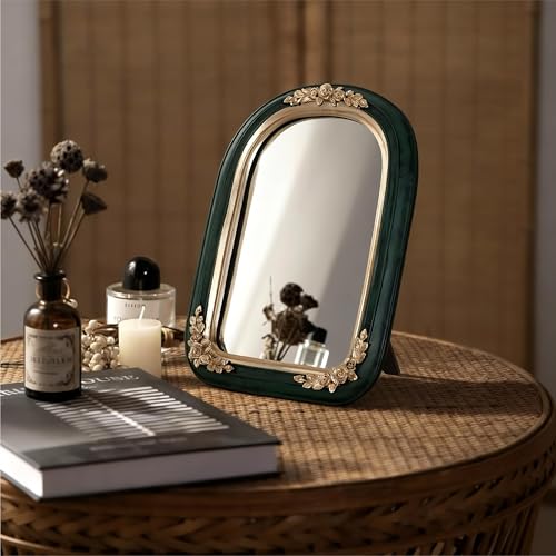 Arched Vanity Mirror Resin Frame Emerald Green and Gold Antique Rose Desktop Accent (Green)