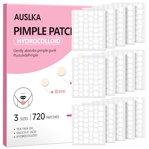 AUSLKA Pimple Patch Bulk, 720 Pimple Patches for Face, Hydrocolloid Spot Patch Stickers for Zits& Blemishes, Suitable for Body, Cheek, Forehead, Chin and Back (8mm, 10mm,12mm)