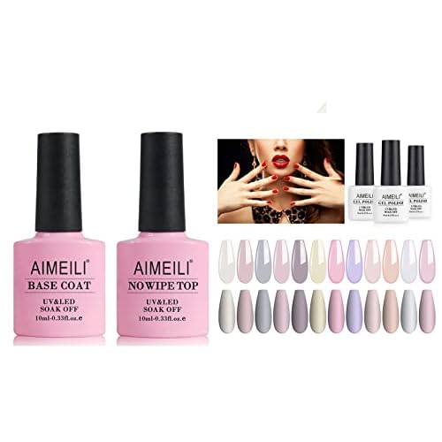 AIMEILI Gel Nail Polish No Wipe Top and Base Coat Set, and Clear Color Pink Nude White Soak Off Gel Nail Polish Set Of 12pcs X 8ml