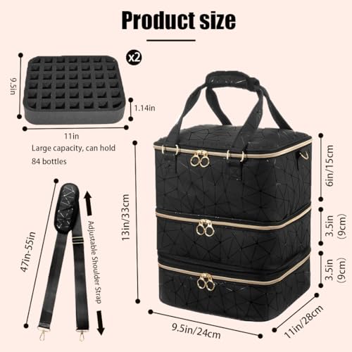 Nail Polish Organizer Bag, 3 Layers Detachable Nail Organizers and Storage, Nail Supplies Organizer, Travel Makeup Bag, Pu Leather Nail Polish Holder Carrying Case Box Holds 84 Bottles & nails Lamp