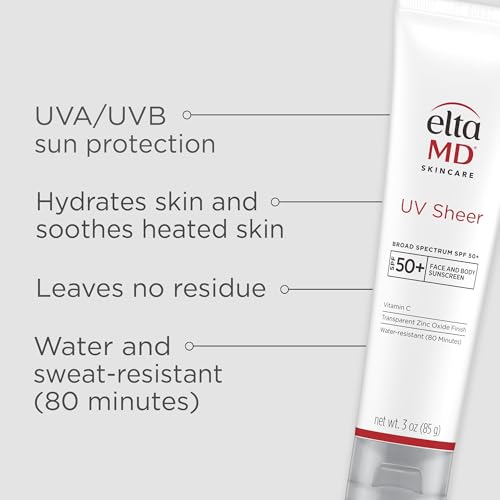 EltaMD UV Sheer Face Sunscreen, SPF 50+ No White Cast Sunscreen for Face and Body, Zinc Oxide Sunscreen Formula