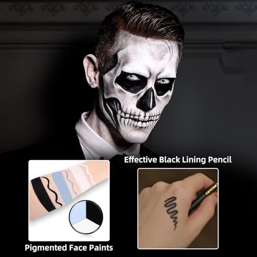 White Black Blue Halloween Face Body Paint with 3PCS Sponge and 1PC Brush, for Baseball Sports(Eye Black) & Halloween, Face Painting Kit for Skeleton Skull Clown Makeup, , Cosplay, SFX Costumes