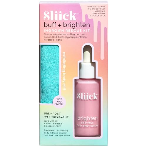Sliick Buff + Brighten Ingrown Hair Treatment for Bikini Area ? Post Shave Serum & Exfoliating Mitt for Razor Bumps & Dark Spots, Ingrown Hair Serum, 1 fl oz