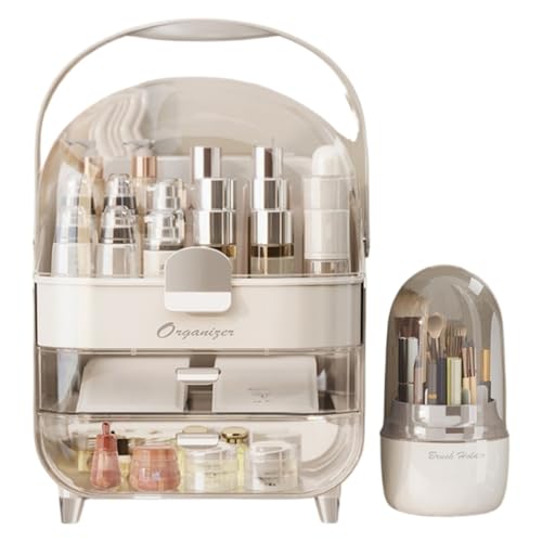 Makeup Organizer, Skincare Organizers with Clear Lid & 2 Drawers and 360¡Æ Rotating Brush Holder