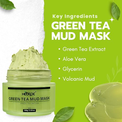 Green Tea Matcha Mud Mask with Aloe Vera, Deep Cleansing, Hydrating, and Relaxing Volcanic Clay Facial Mask, 3.53 oz/100g