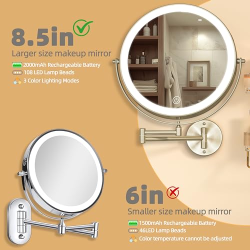 8.5" Wall Mounted Makeup Mirror with Light, 2000mAh Rechargeable Double Sided 1X / 10X Magnifying Vanity Mirror, 3 Color Lights Touch Dimmable 360¡Æ Rotation Bathroom Mirror, Nickel