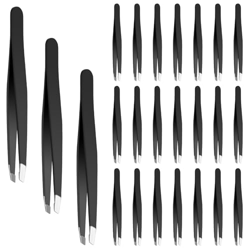 24 Pieces Eyebrow Tweezers for Women, Stainless Steel Slanted Tip Tweezers Precision Tweezers Set for Facial Hair Ingrown Hair Splinter Removal and Lash Extension (Black)