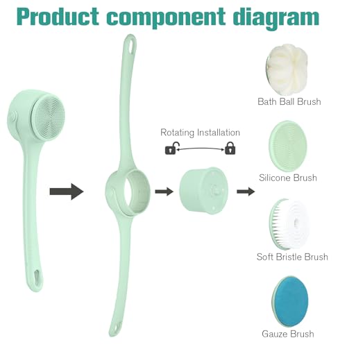 Electric Body Brush Back Scrubber for Shower, Waterproof Long Double-Handled Four-Head Electric Body Scrubber, Rechargeable Bath Brush, for Cleaning, Exfoliation and Skin Massage (Mint Green)