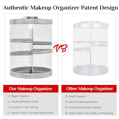 Makeup Organizer 360 Rotating Cosmetic Organizer, 2PCS DIY Adjustable Makeup Carousel Spinning Holder Rack, Large Capacity Cosmetic Display Cases Vanity Countertop Fits Makeup Brushes Lipsticks (Grey)