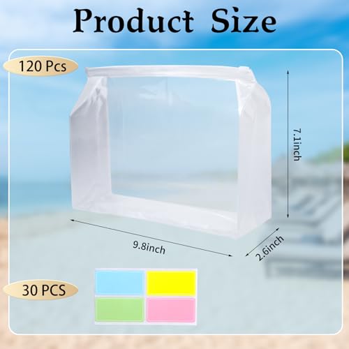 120 Pcs Mini Clear Makeup Bag 9.8 x 7.1 x 2.6 Inch Toiletry Organizer Pouches with 120 Labels Small PVC Waterproof Cosmetic Bags Transparent Zipper Bag for Organizing Women Travel Vacation Supplies