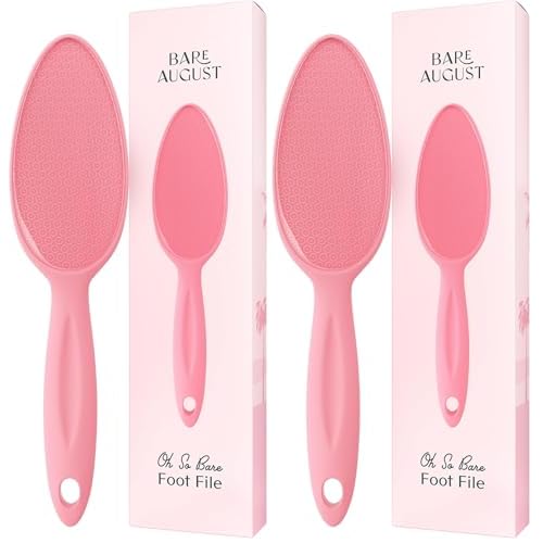 Bare August Glass Foot File Callus Remover for Feet - Heel Scraper & in Shower Foot Scrubber Dead Skin Remover - Pedicure Foot Buffer for Soft Feet (with Handle, Pink) (Pack of 2)
