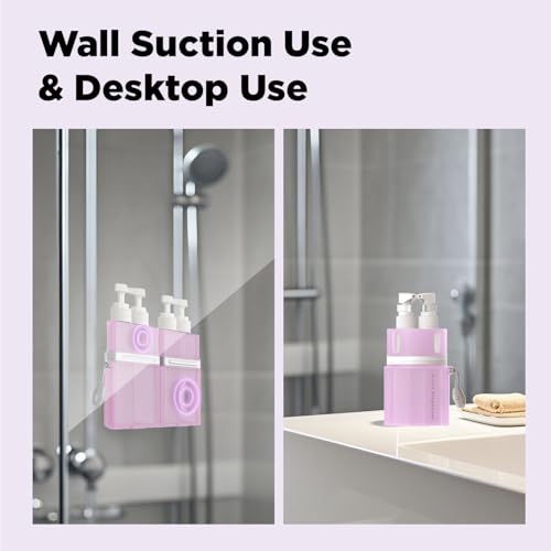 4 in 1 Travel Dispenser Bottle, TSA Approved Refillable Shampoo and Conditioner Bottles Set with Suction Cup for Smooth Walls, Travel Size Toiletries Container for Body Wash/Lotion.(Pink)