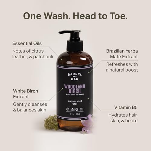 Barrel & Oak Woodland Birch Body Care Set for Men, All-in-One Body Wash, Exfoliating Bar Soap, & 2-in-1 Shampoo and Conditioner Set, Hydrating Grooming Kit, Vegan Gifts for Men, 3-Pack