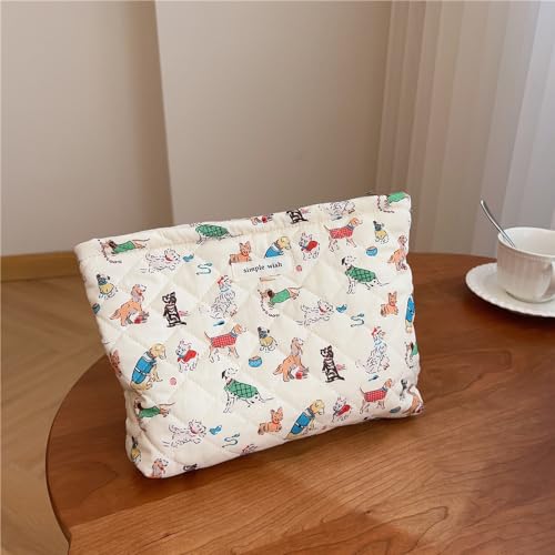 Quilted Cotton Makeup bag Cute Animal Cosmetic bag,Cotton Aesthetic Makeup Bag Large Capacity Travel Toiletry Bag for Women and Girls(01Dog)