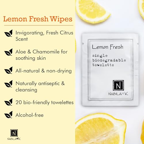 Lemon Fresh Scented Moist Towelettes Single Use by Nabila K - Alcohol-Free, Plant-Based with Natural Ingredients - Individually Wrapped Disposable Travel Size Wipes with Bamboo Case - 20 Count