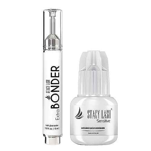Extra Bonder for Lash Extensions 15ml + Sensitive Eyelash Extension Glue 5ml - Stacy Lash/Eyelash Extension Sealer/Reduces Lash Extension Glue Fumes / 1-2 Sec Drying time/Retention ? 8 Weeks