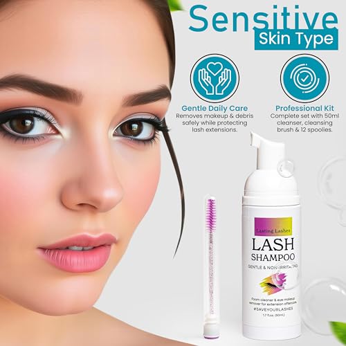 Eyelash Extension Shampoo | Eyelash Extension Cleanser with Brush and 12 Spoolies | Safe and Gentle Wash for Extensions and Natural Lashes | 1.7 fl oz 50ml Lash Shampoo