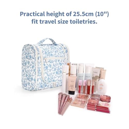 Narwey Large Hanging Toiletry Bag for Women Travel Makeup Bag Make up Organizer Toiletries Bag for Cosmetics Essentials Accessories (Large, Little Blue Flower)