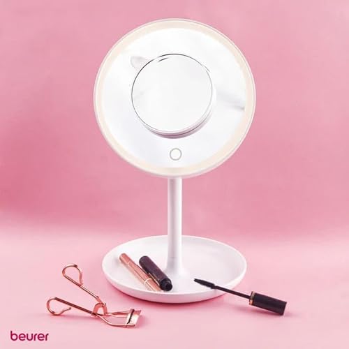Beurer Illuminated 5X Vanity and Cosmetics Mirror, Touch Sensor Surface, Storage Tray, with Portable, Magnetic Magnifying Makeup Mirror, White LED Light and Dimmer, Cordless, 360¡Æ Rotation, BS45