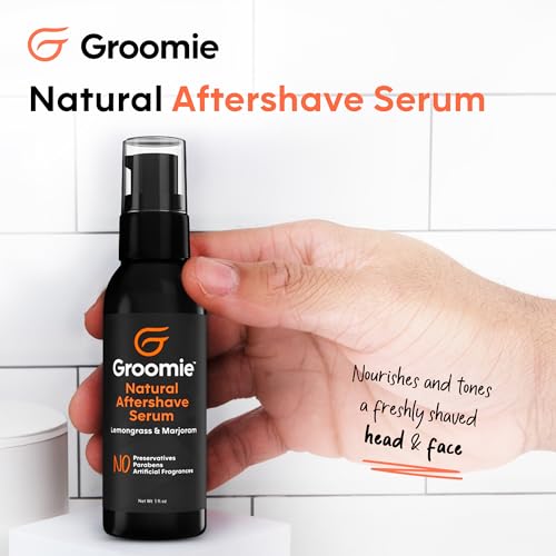 Groomie Natural Aftershave Serum for Bald Men - Mens Skin Care and After Shave for Head, Neck, Face & Chin - Soothing Balm to Tend Skin and Prevent Bumps and Razor Burn After Hair Removal - 1 OZ
