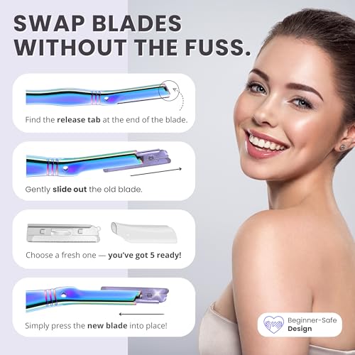 Jungle Culture Dermaplaning Tool ? Facial Razor for Women with 5 Refill Blades ? Reusable Eyebrow Shaper & Exfoliator ? Rainbow