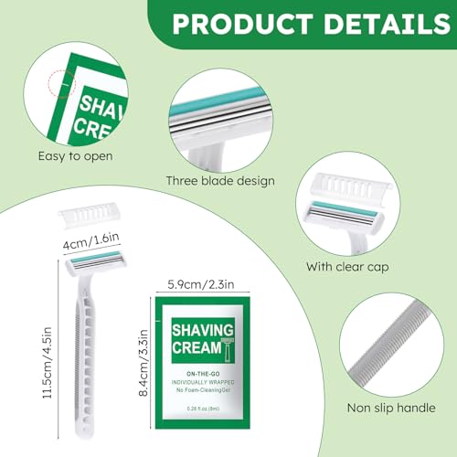 Disposable Razors Bulk - Pack of 30,Individually Wrapped Grey 3 Blade Razors with 8 ml/0.28 fl oz Packet Shaving Cream and Clear Cap for Homeless,Hotel,Shelter,Travel