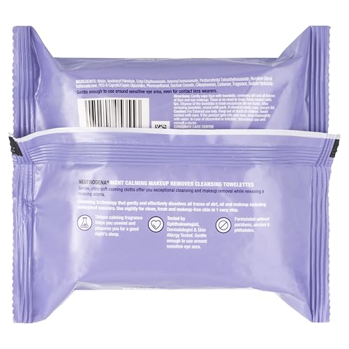 Neutrogena Night Calming Cleansing Makeup Remover Face Wipes, Disposable Nighttime Facial Towelettes to Remove Dirt, Oil, Makeup & Waterproof Mascara, Alcohol-Free, 25 ct