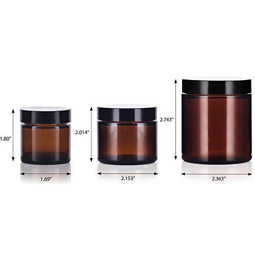 JUVITUS 12 piece Amber Glass Straight Sided Jar Multi Size Set : Includes 4 -1 oz, 4 -2 oz, and 4 -4 oz Amber Glass Jars with Black Lids + Spatulas for Aromatherapy, Essential Oils, Travel and Home