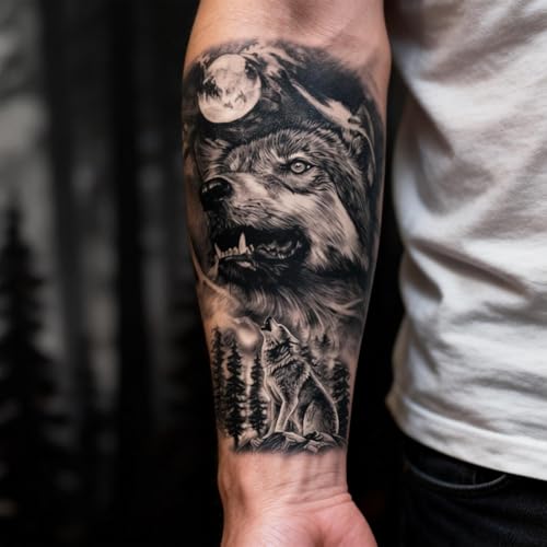 2 Sheets Realistic Animal Temporary Tattoos Stickers Forest Wolf Designs For Men Waterproof Arm Leg Fake Body Art, Gym & Parties Bold Masculine Decals