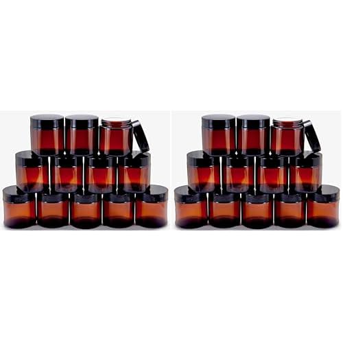 Vivaplex, 12, Amber, 4 oz, Round Glass Jars, with Inner Liners and black Lids (Pack of 2)