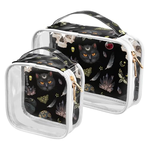 MNSRUU Clear Makeup Bags Goth Skull Moth Toiletry Bag for Women 2 PCS Waterproof Clear Bags Clear Travel Toiletry Bag Small Cosmetic Makeup Bag, Carry on Airport Airline Compliant Bag
