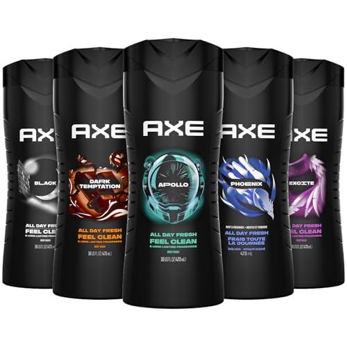 AXE Men's 3-in-1 Face, Body Wash & Shampoo Variety 5-Pack (Apollo, Dark Temptation, Black, Excite, Phoenix) 12 Hour Invigorating Scents, 16 Fl Oz Each