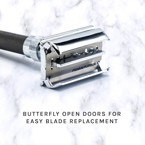 Parker, 96R Graphite Gray Long Handle Butterfly Open Double Edge Safety Razor for Men, 5 Parker Premium Platinum Double Edge Razor Blades Included