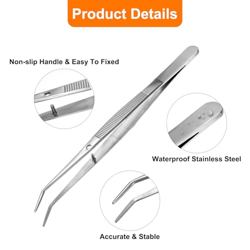 HARFINGTON 2pcs Stainless Steel Tweezers 6.1 Inch Long Handle Curved Serrated Tip Tweezers Multi Purpose for Craft Gardening Industrial Work Laboratory Use Cooking, Silver