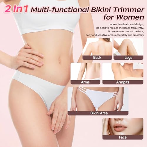 Dual Head Bikini Trimmer for Women, IPX7 Waterproof Wet & Dry Use, Electric Bikini Shaver and Epilator 2-in-1 Electric Razors for Women Bikini Underarm Body Leg Arm Face Intimate Areas,Pink