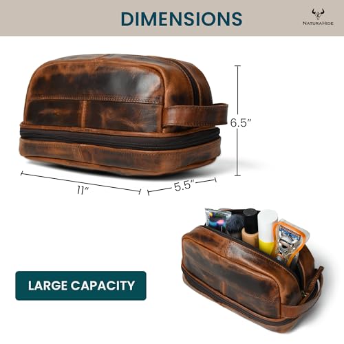 Leather Toiletry Bag ? Full Grain Cowhide, Travel Kit with Brass Zipper & Wax Thread Stitching Capacity 1L