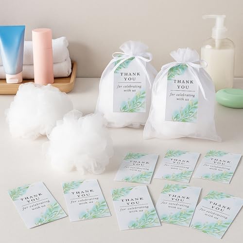 50 Sets Wedding Gifts for Guests Baby Shower Party Favors 40g White Loofah Bulk Thank You for Celebrating with Us Cards and White Organza Bags for Wedding Bridal Shower Stuffers