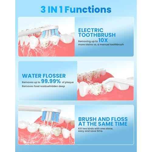 Electric Toothbrush with Water flosser, 3 in 1 Teeth Cleaning Kit with 7 Modes, Electric Toothbrush and flosser Combofor Adults, Water Flosser Portable for Travel and Home (White)