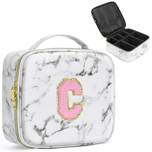Initials Travel Makeup Train Case Birthday Mothers Day Gifts for Women, Personalized Makeup Box Organizer with Adjustable Dividers for Make up Brushes Toiletry Jewelry Digital Accessories, Marble, C.